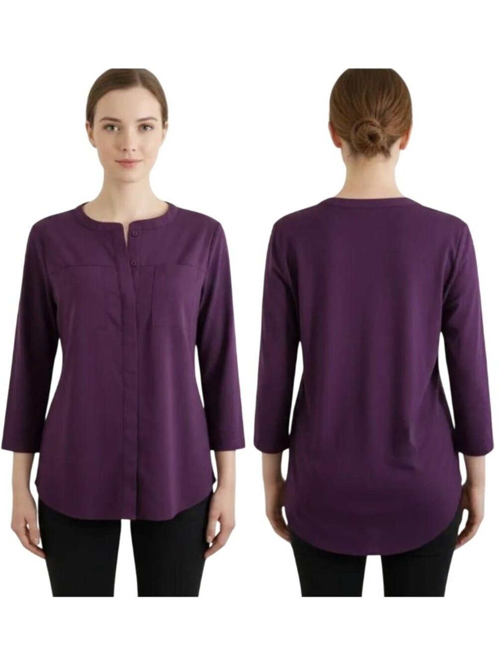 Van Heusen Women's Purple Button-Front Pockets‎ Tunic Shirt Blouse Size Medium